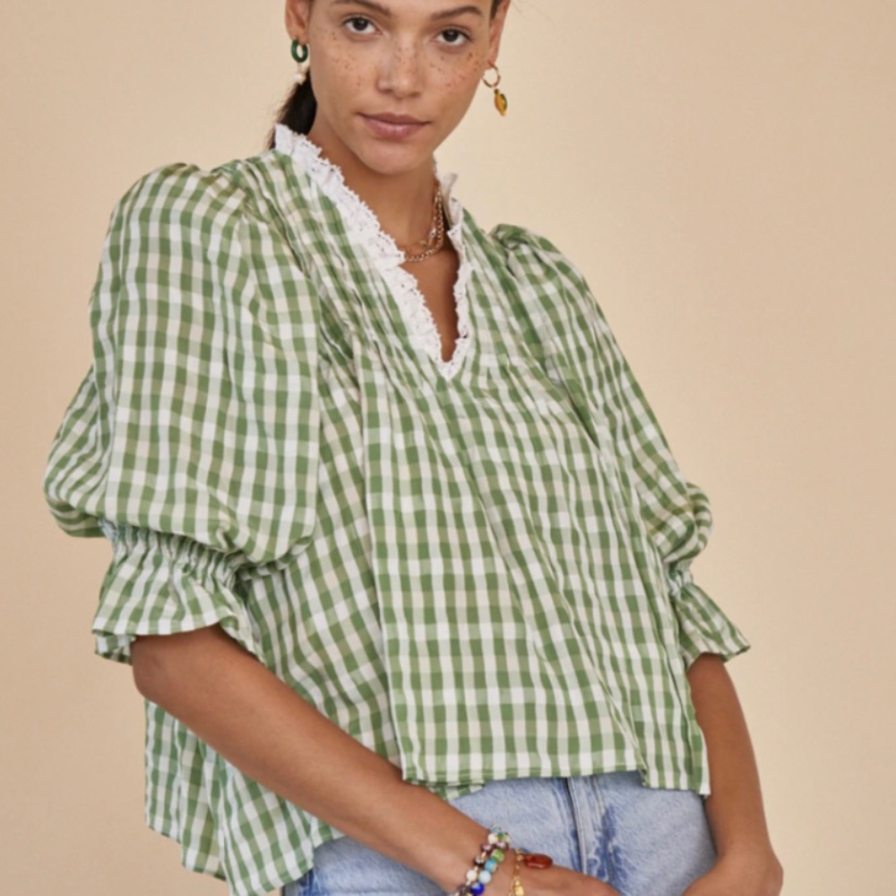 NWT Hunter Bell Mia Top Green Gingham Lace Collar Blouse